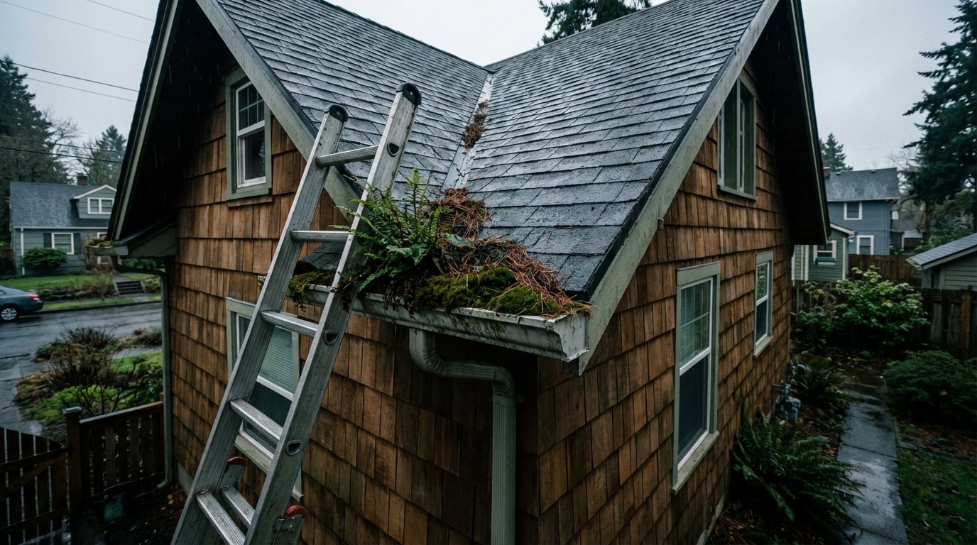 Professional technician on a ladder performing gutter repair on a Portland, OR home with a cloudy sky.