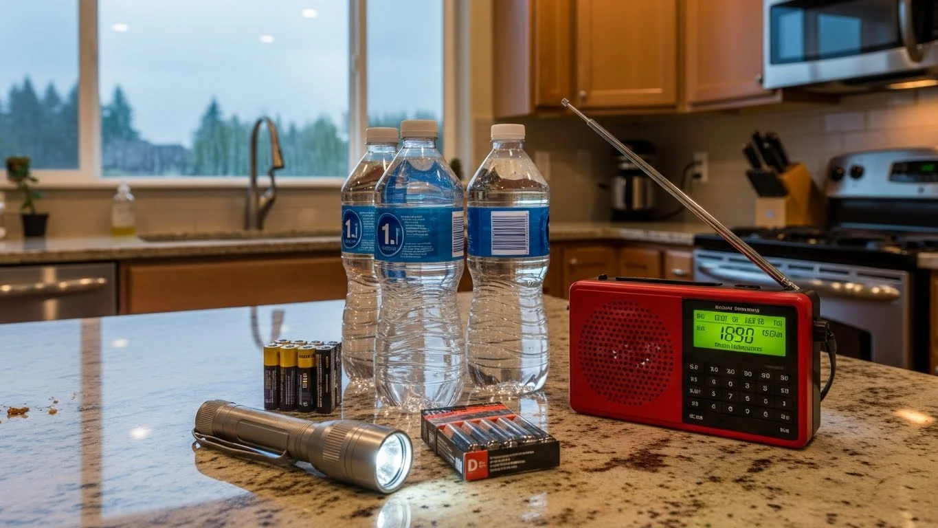 Essential storm preparation supplies displayed on a kitchen counter, including bottled water, a flashlight, batteries, and a battery-operated radio for winter storm readiness in Vancouver, WA.