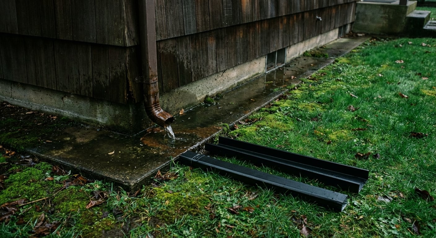 Professional downspout extension directing rainwater away from a home's foundation in Vancouver, WA.