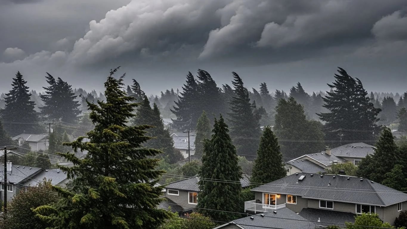 Strong storm winds bending trees over a residential neighborhood in Vancouver, WA under a dark, cloudy sky, highlighting the risk of wind damage to roofs and gutters.