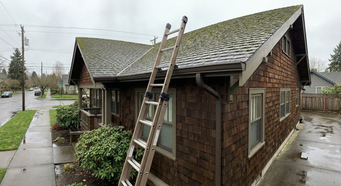Professional technician from Seasons Cleaning Services safely cleaning gutters on a Portland home during a clear, dry day.