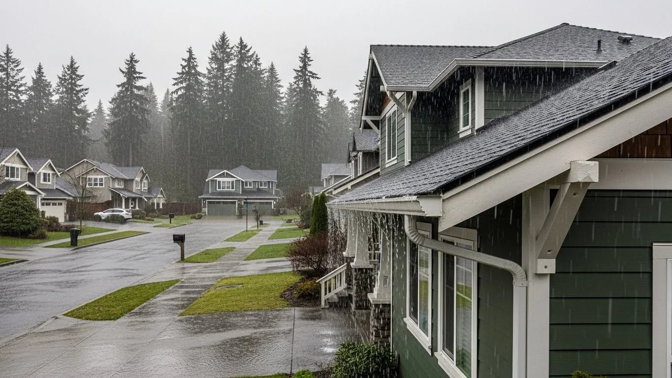 Heavy rain falling on a home's roof and driveway, illustrating potential drainage and flooding risks during December storms in Vancouver, WA.