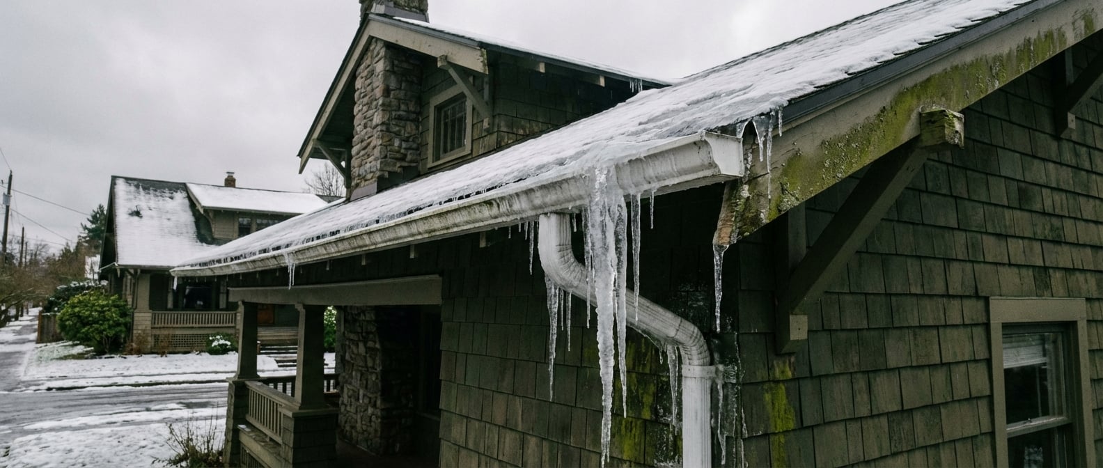 Gutter overflowing with icy water on a Portland, OR home under an overcast sky.