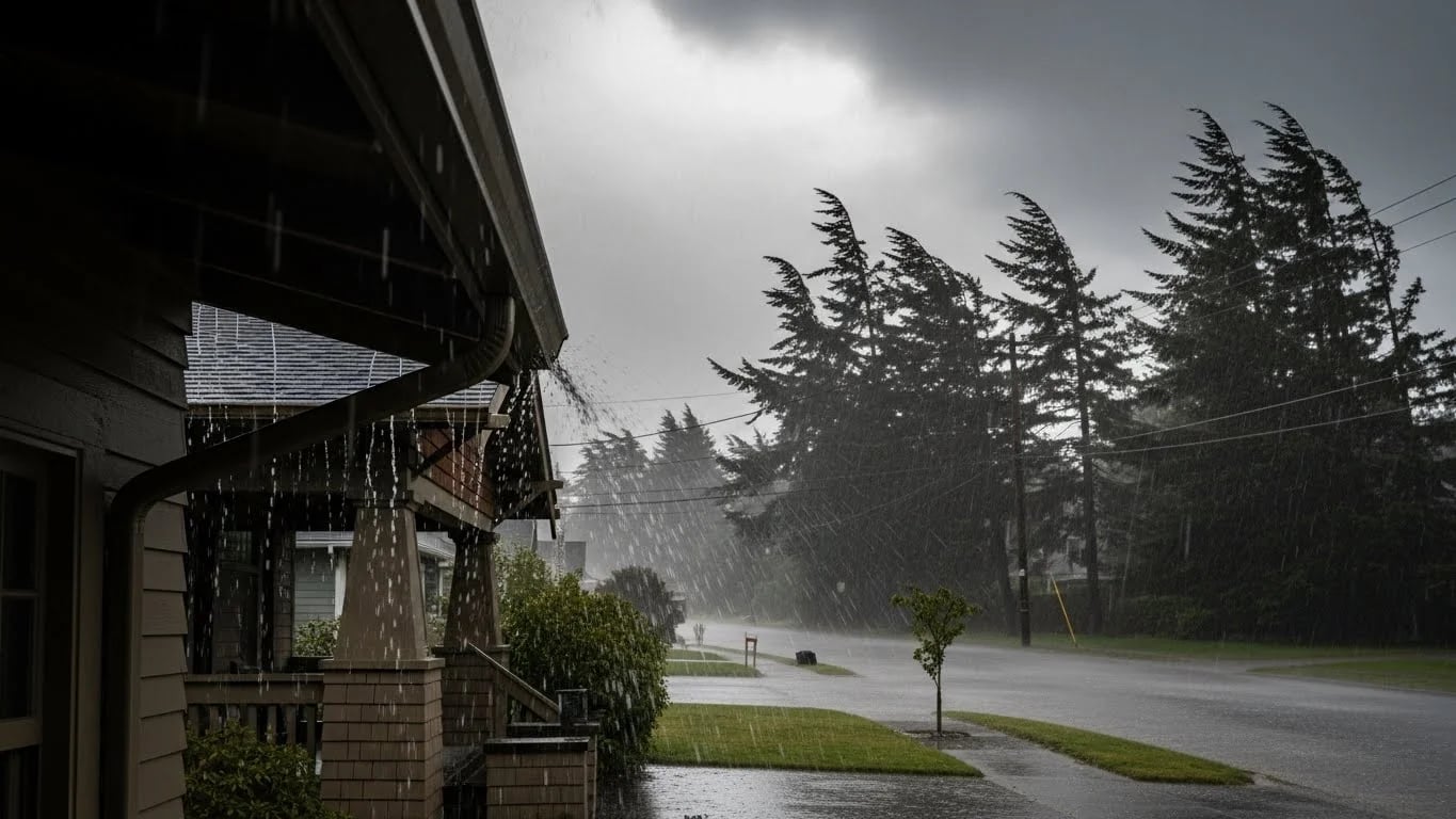 Heavy rain pouring down on a residential street during an atmospheric river event, emphasizing the need for home protection against severe weather in the Pacific Northwest.