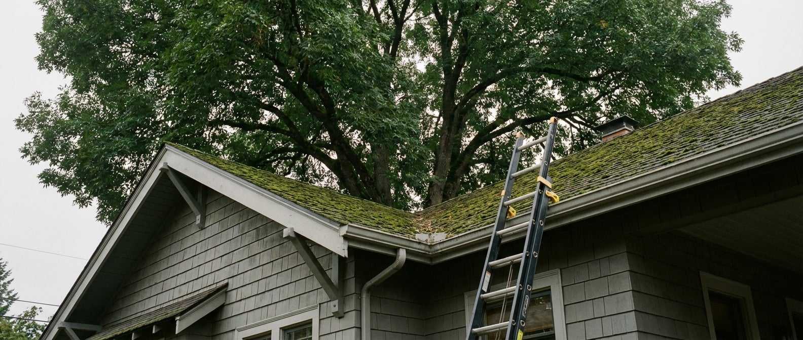 A certified arborist from Seasons Cleaning Services conducting a tree risk assessment on a large ash tree in a Portland neighborhood during winter.