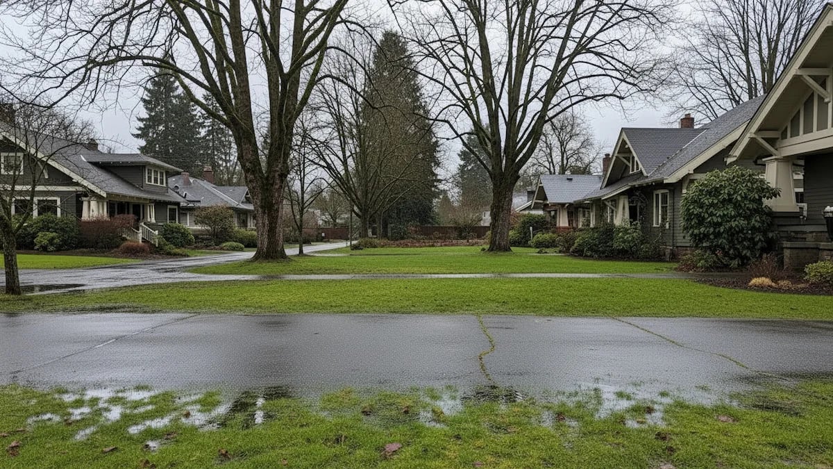A residential neighborhood in Vancouver, WA with saturated lawns and puddles on the street, highlighting the risk of soil saturation and drainage issues during winter storms.