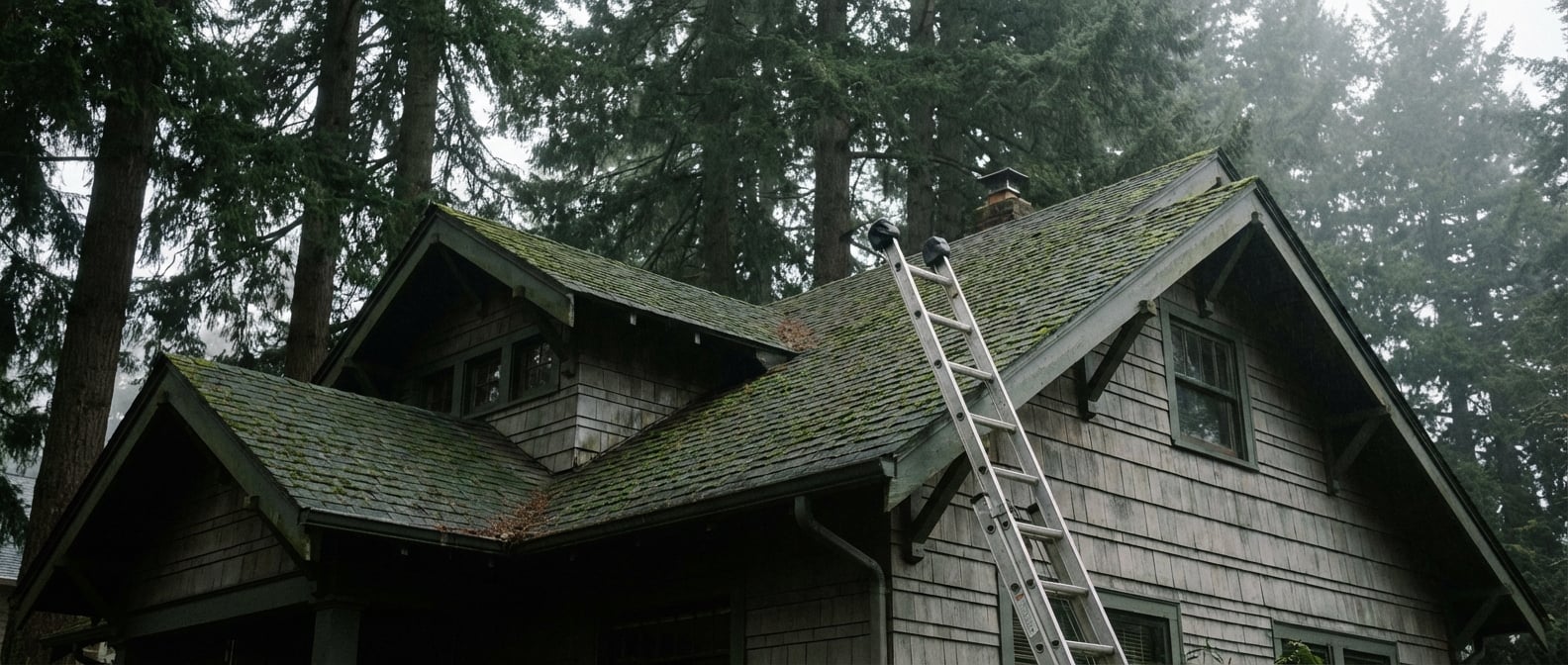 A professional Portland Tree Service team working on a large deciduous tree during a clear February day in Oregon.