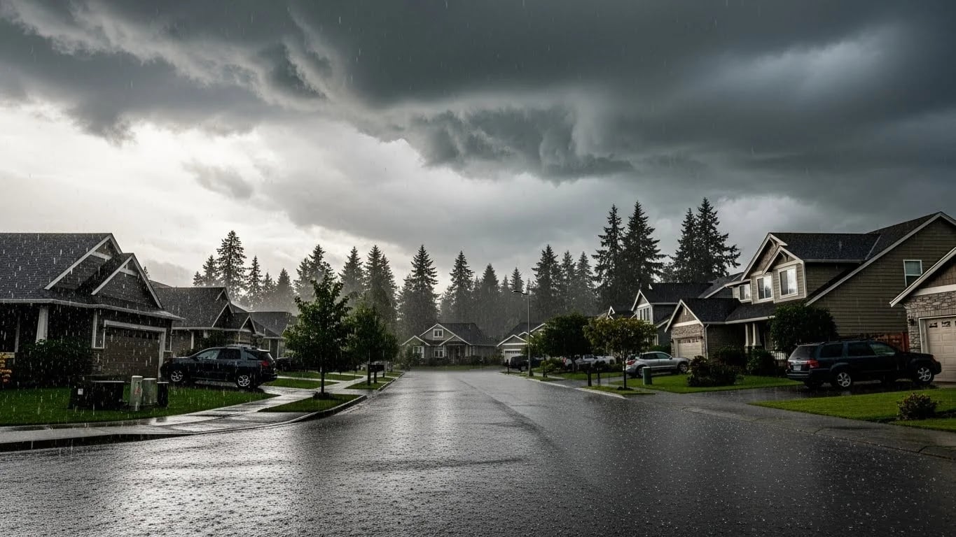 A suburban street drenched in heavy rain during a storm in Vancouver, WA, emphasizing the need for home maintenance and flood prevention.