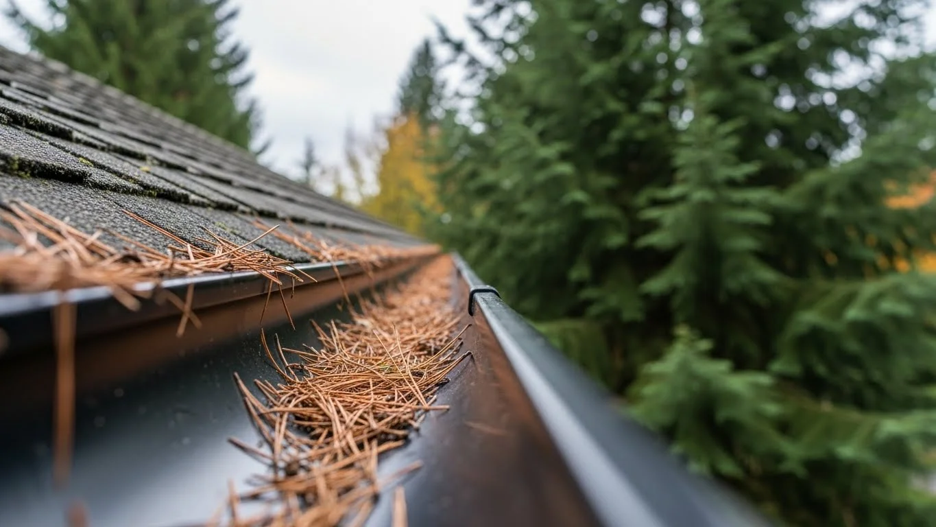 A rain gutter completely clogged with brown pine needles, demonstrating the need for professional gutter cleaning services in the Pacific Northwest.