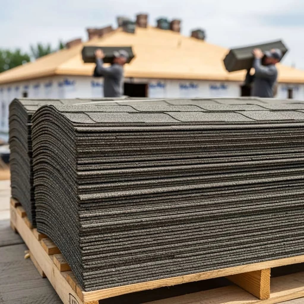 Stacks of asphalt roofing shingle bundles on a pallet at a construction site, with roofers working in the background.