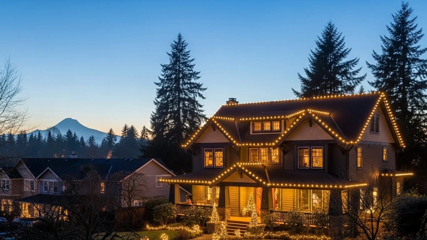 A large two-story home beautifully illuminated with warm white Christmas lights along the rooflines, with a mountain silhouette in the background at dusk.