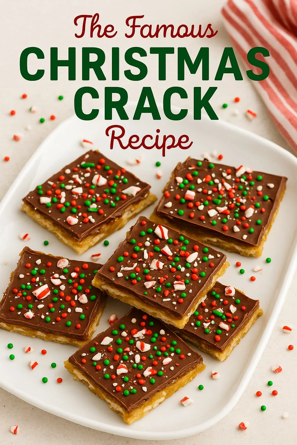 A plate of Christmas Crack saltine toffee squares topped with chocolate and holiday sprinkles, a popular and easy holiday dessert recipe.