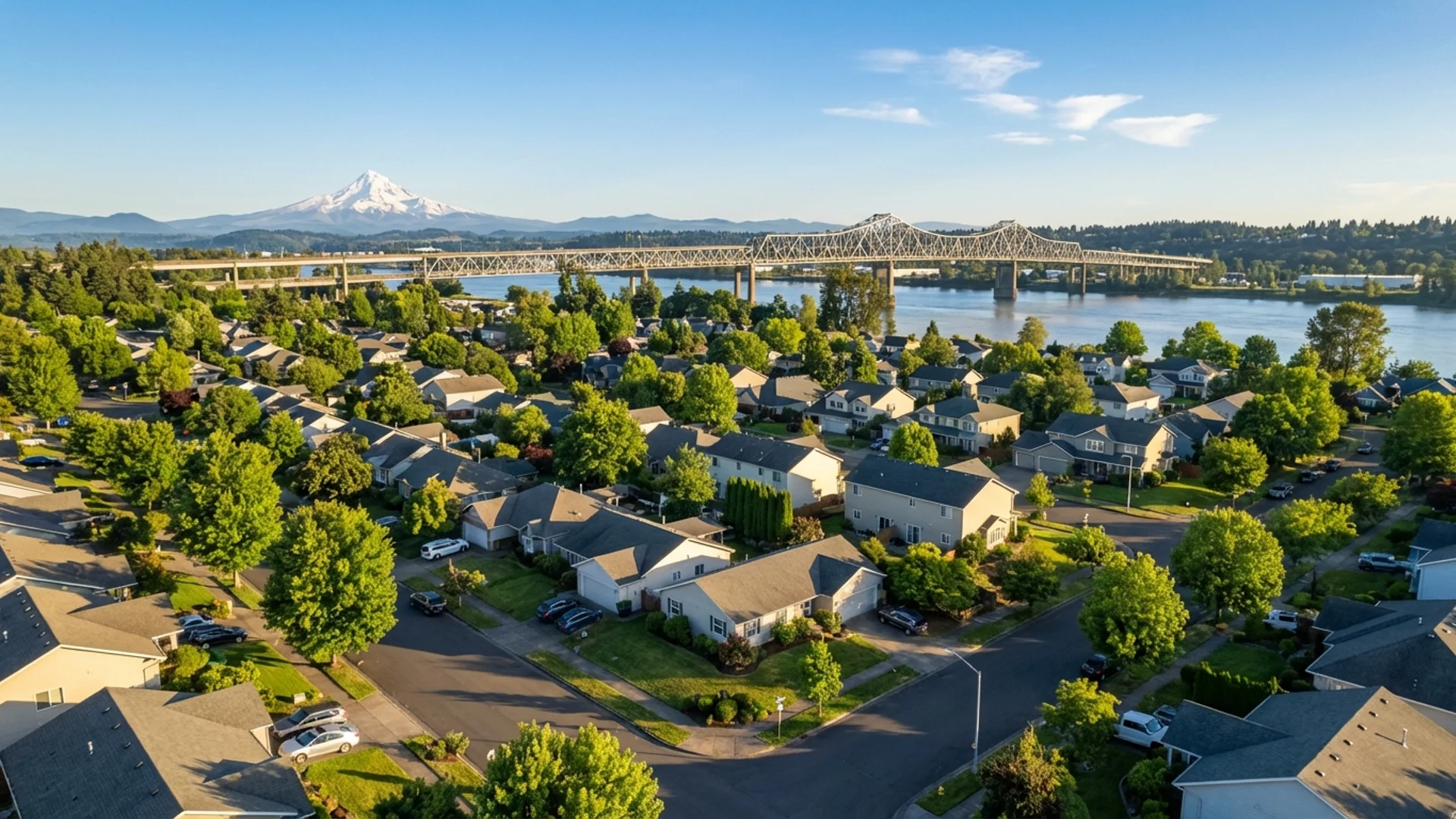 Aerial view of a suburban neighborhood in the Vancouver WA and Portland OR area with the Columbia River bridge in the background